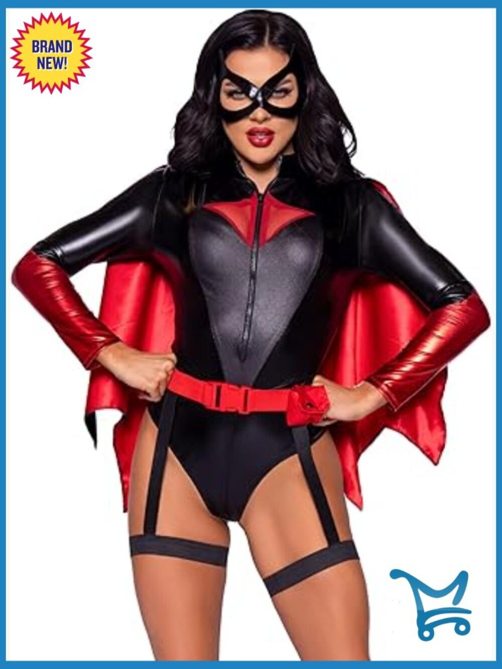 4 Pc Vigilante Vixen Costume with Zip-Up Bodysuit, Cape, Belt, Garter & Mask